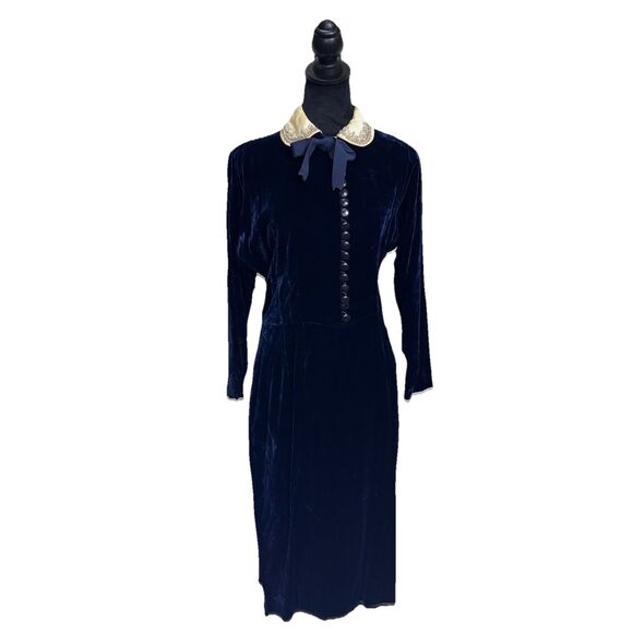 VTG 30’s Blue Velvet Dress Satin Beaded Collar Handmade Midi Column S Blue - Picture 1 of 16